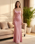 Women's Acetate Satin Slip Dress – V-Neck A-Line Bias Cut Maxi Gown with Adjustable Straps