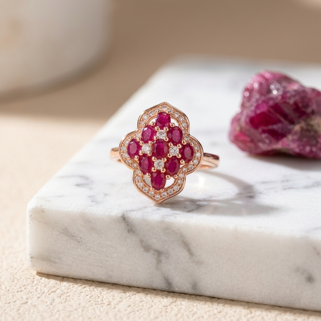 Women's Floral Natural Ruby Ring — S925 Silver with 18K Gold Electroplating ADJUSTABLE SIZE