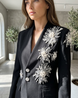 Women's V-Neck Rhinestone Blazer – Long Sleeve Embellished Jacket