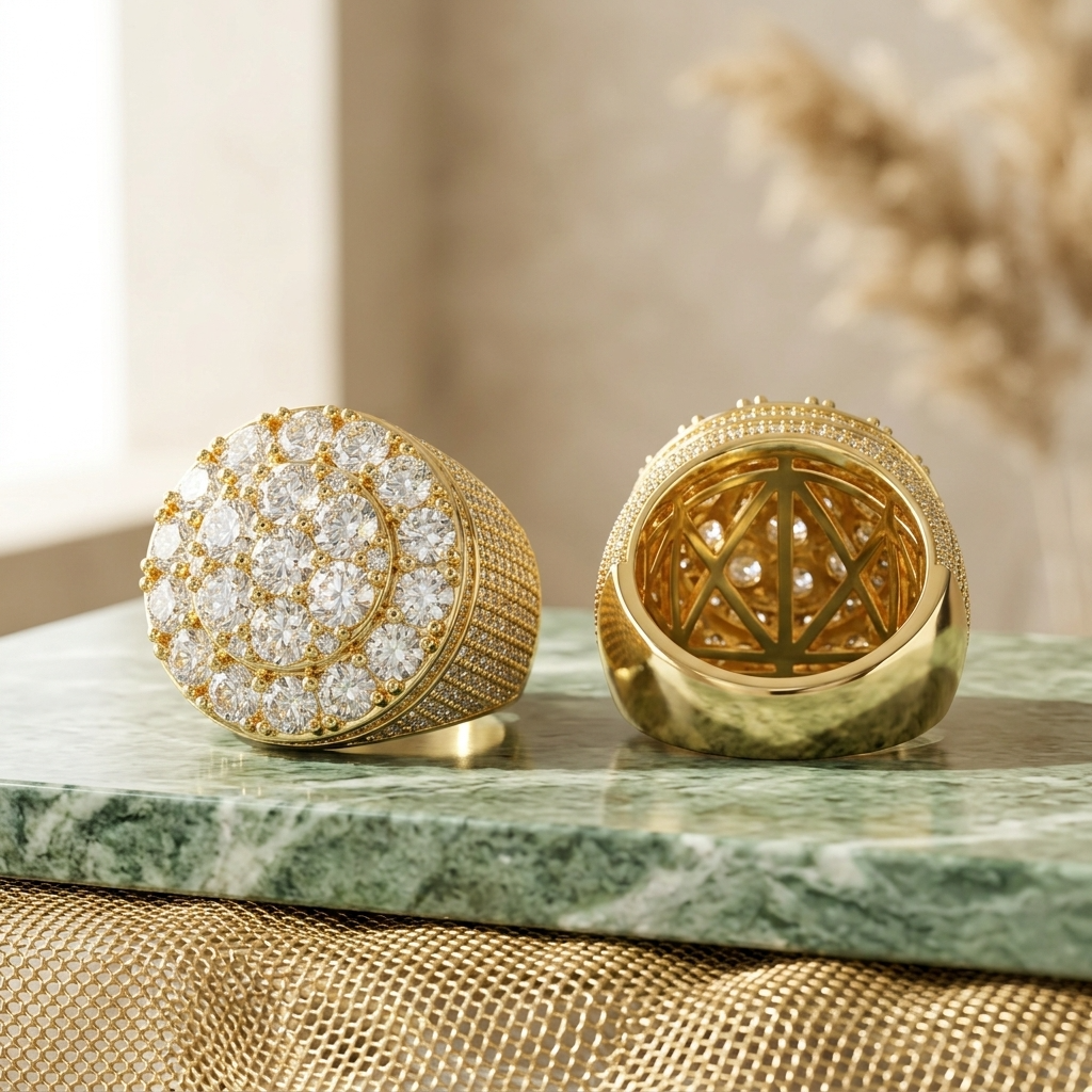 Men's Trendy Retro Flower Diamond Ring – Gold Plated Geometric Hip-Hop Statement Band