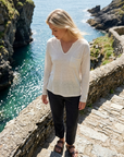 Women's Tencel Linen Blend V-Neck Long Sleeve Top – Loose Fit UV-Protection Pullover