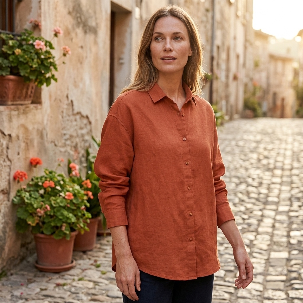 Women's 100% Linen Shirt – Long Sleeve Polo Collar Button-Down