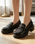 Women's Mesh Platform Slip-On Loafers – Chunky 6.5cm Sole with Square Buckle Detail