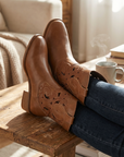 Cowboy-Stiefel für Damen mit Lochmuster – Western-Mid-Calf-Stiefel aus echtem Leder mit Stickerei, Blockabsatz und atmungsaktivem Cut-Out-Design