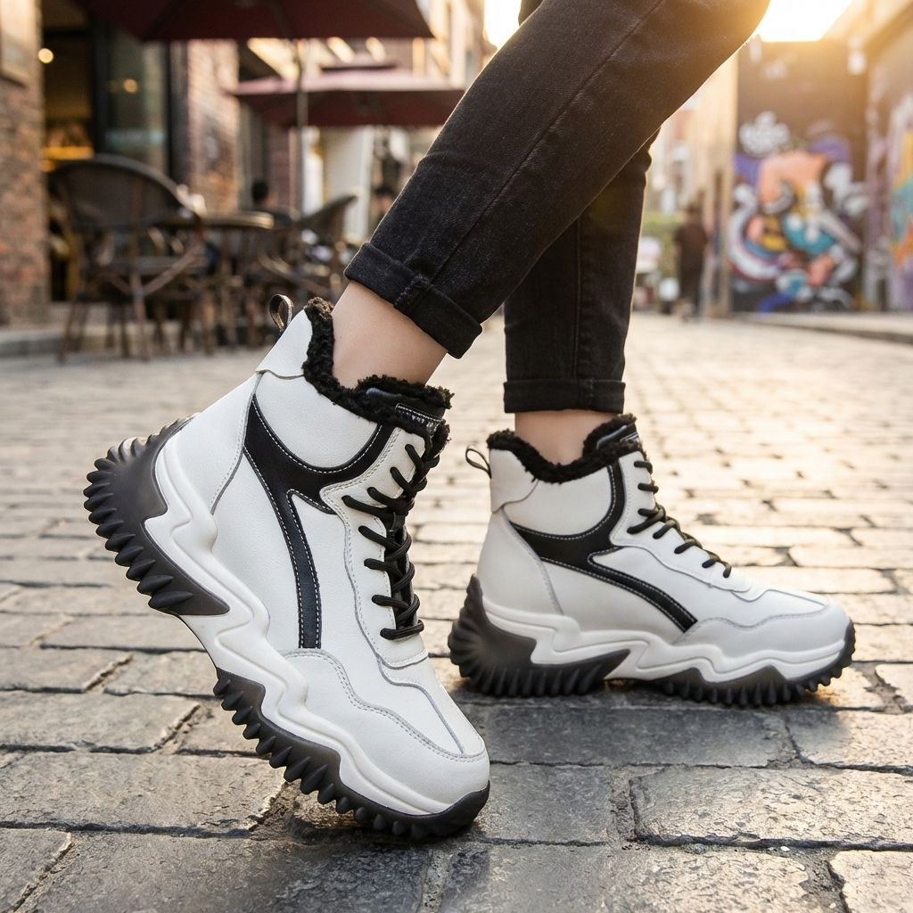 Bottes de neige doublées en peluche pour femme en cuir croûte