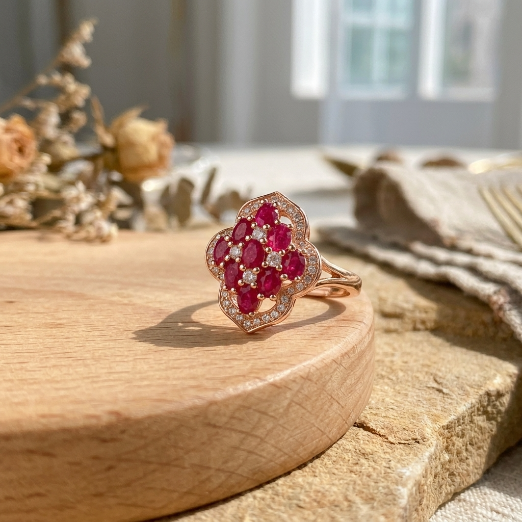 Women's Floral Natural Ruby Ring — S925 Silver with 18K Gold Electroplating ADJUSTABLE SIZE