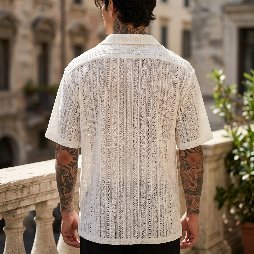 Men's Hollow Cut-Out Cuban Collar Shirt – Loose Fit Short Sleeve
