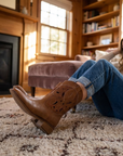Cowboy-Stiefel für Damen mit Lochmuster – Western-Mid-Calf-Stiefel aus echtem Leder mit Stickerei, Blockabsatz und atmungsaktivem Cut-Out-Design