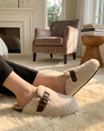 Women's Wool-Lined Genuine Leather Mule Slippers – Retro Thick-Sole Backless Slip-Ons