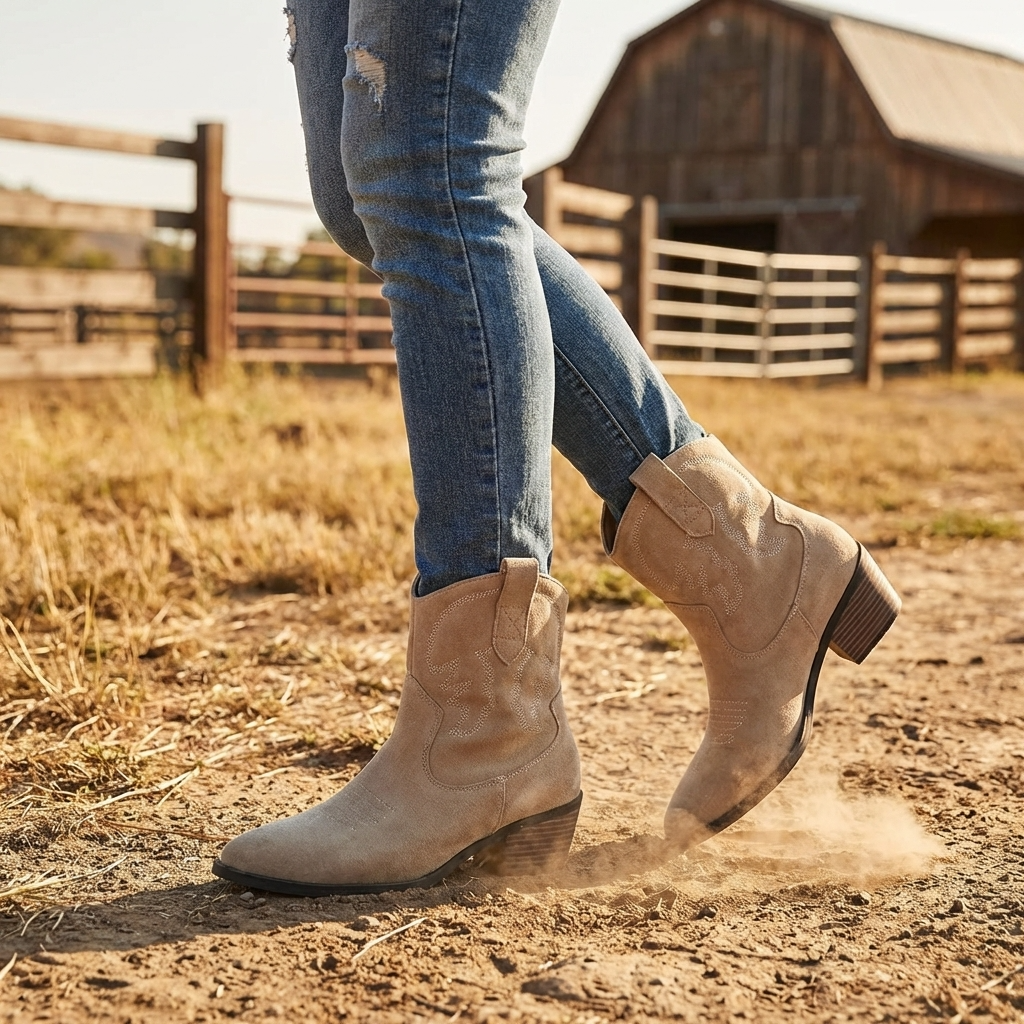 Women's Short Western Cowboy Boots – Suede Pointed Toe Thick Heel Slip-On
