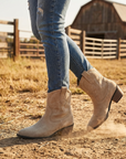 Women's Short Western Cowboy Boots – Suede Pointed Toe Thick Heel Slip-On
