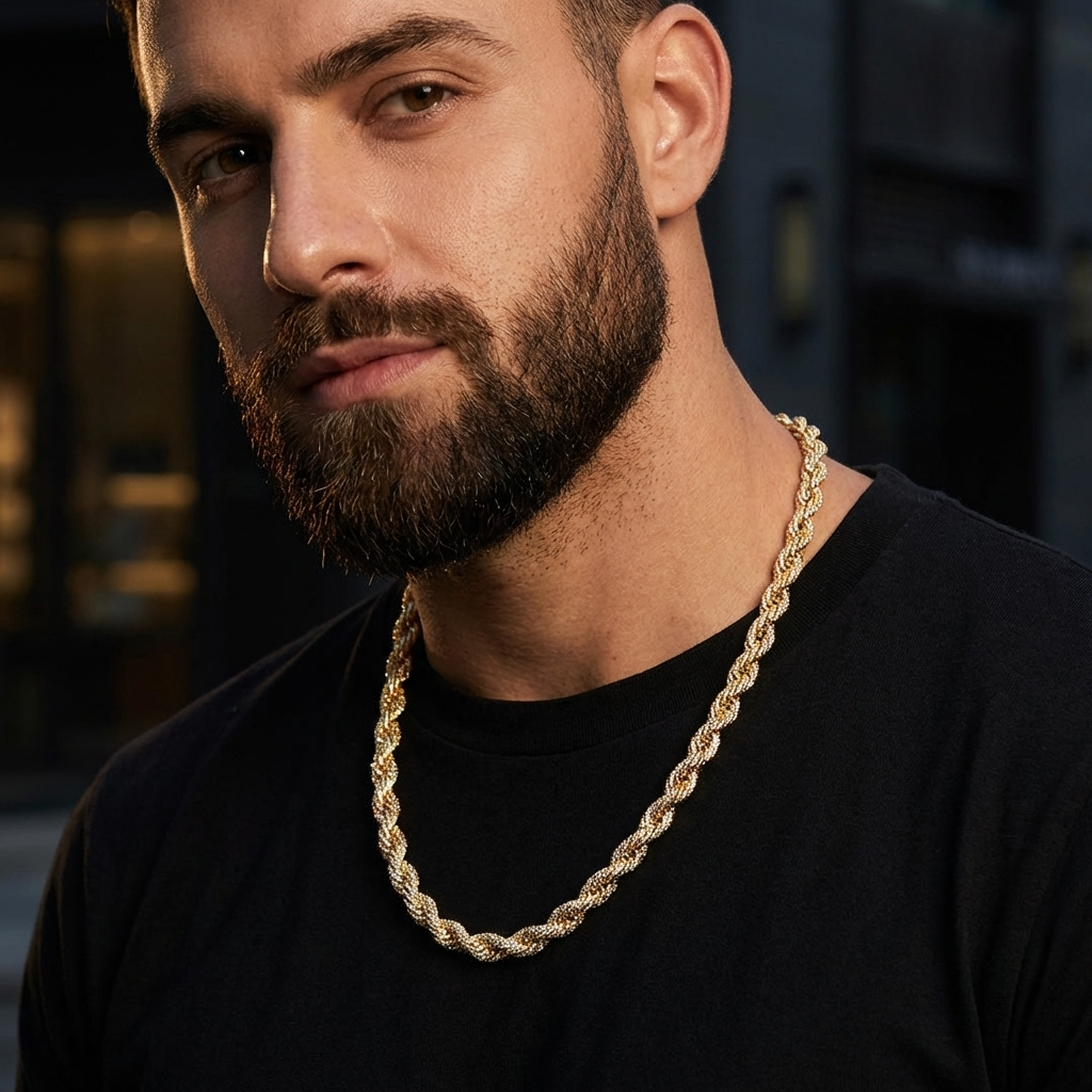 Men’s Hip-Hop Twist Chain Necklace – Geometric Diamond-Encrusted Chain with Thick Rope Design, Gold/Silver Finish &amp; Bold Street Style