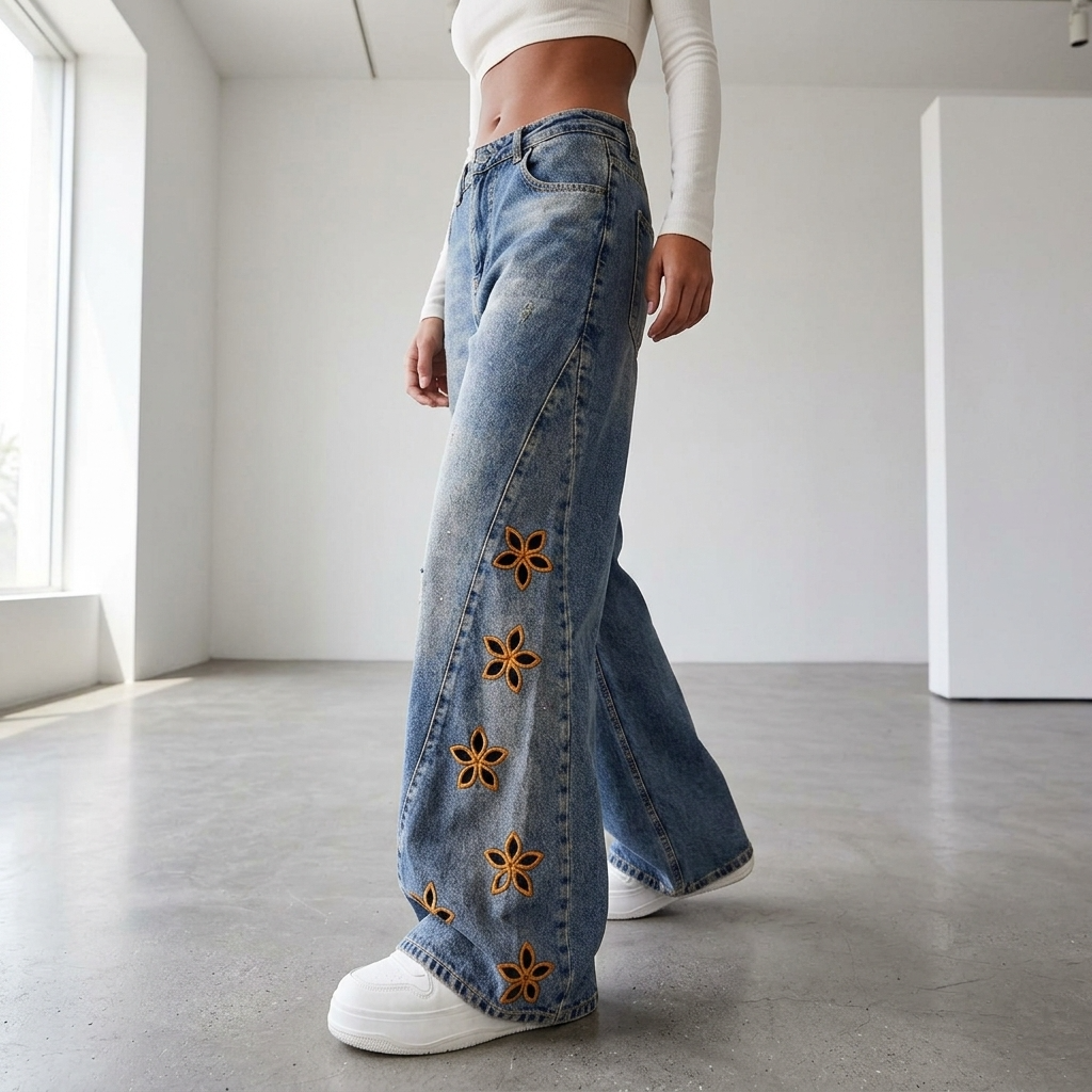 Women's Embroidered High-Waist Loose Denim Jeans