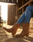 Women's Short Western Cowboy Boots – Suede Pointed Toe Thick Heel Slip-On