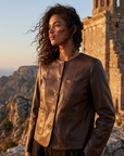Damenjacke aus 100 % echtem Schaffleder – schmale Passform, kurzer Rundhalsmantel im koreanischen Stil