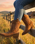 Women's Short Western Cowboy Boots – Suede Pointed Toe Thick Heel Slip-On
