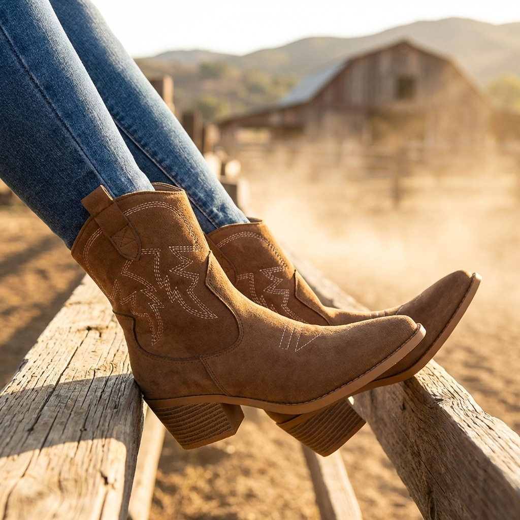 Women's Short Western Cowboy Boots – Suede Pointed Toe Thick Heel Slip-On