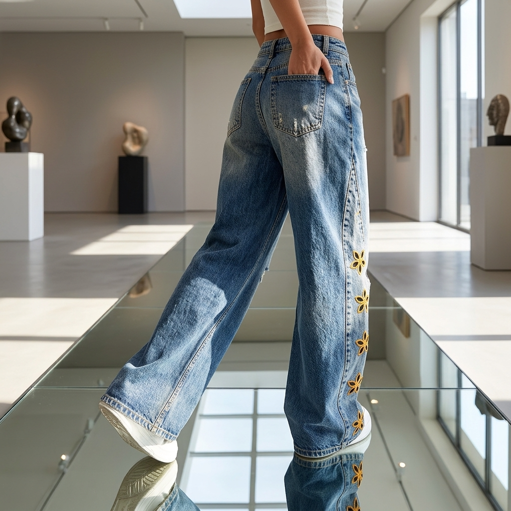 Women's Embroidered High-Waist Loose Denim Jeans