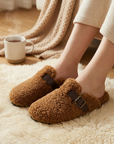Women's Wool-Lined Genuine Leather Mule Slippers – Retro Thick-Sole Backless Slip-Ons