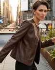 Damenjacke aus 100 % echtem Schaffleder – schmale Passform, kurzer Rundhalsmantel im koreanischen Stil