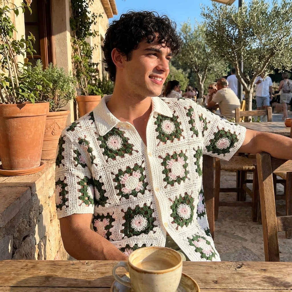 Men’s Crochet Knit Polo Shirt – Breathable Cut-Out Grid Pattern Short Sleeve Summer Polo