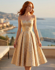Women's Jacquard Slip Dress – A-Line Camisole High-Waist Mid-Length Formal Party Dress