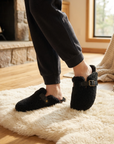 Women's Wool-Lined Genuine Leather Mule Slippers – Retro Thick-Sole Backless Slip-Ons