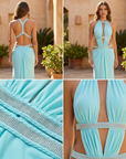 Women's Patchwork Chiffon Maxi Dress – Deep V-Neck Spaghetti Strap