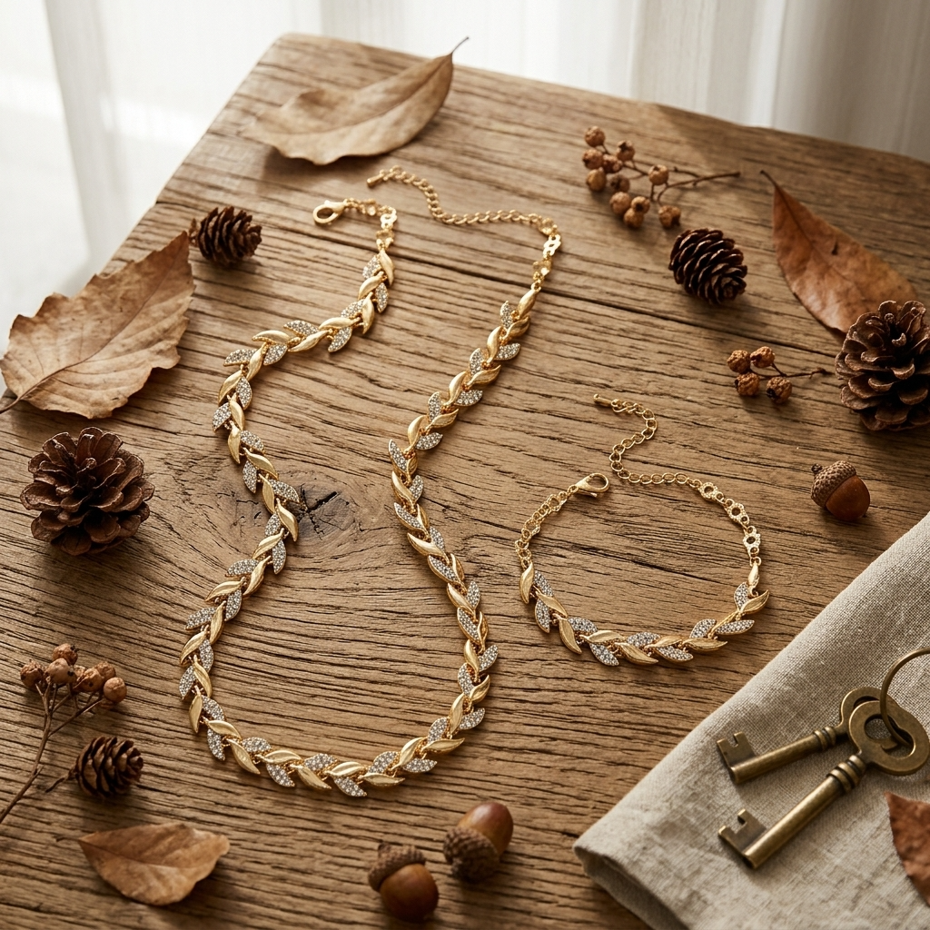 Women's Willow Leaf Diamond Cuban Chain Necklace &amp; Bracelet Set