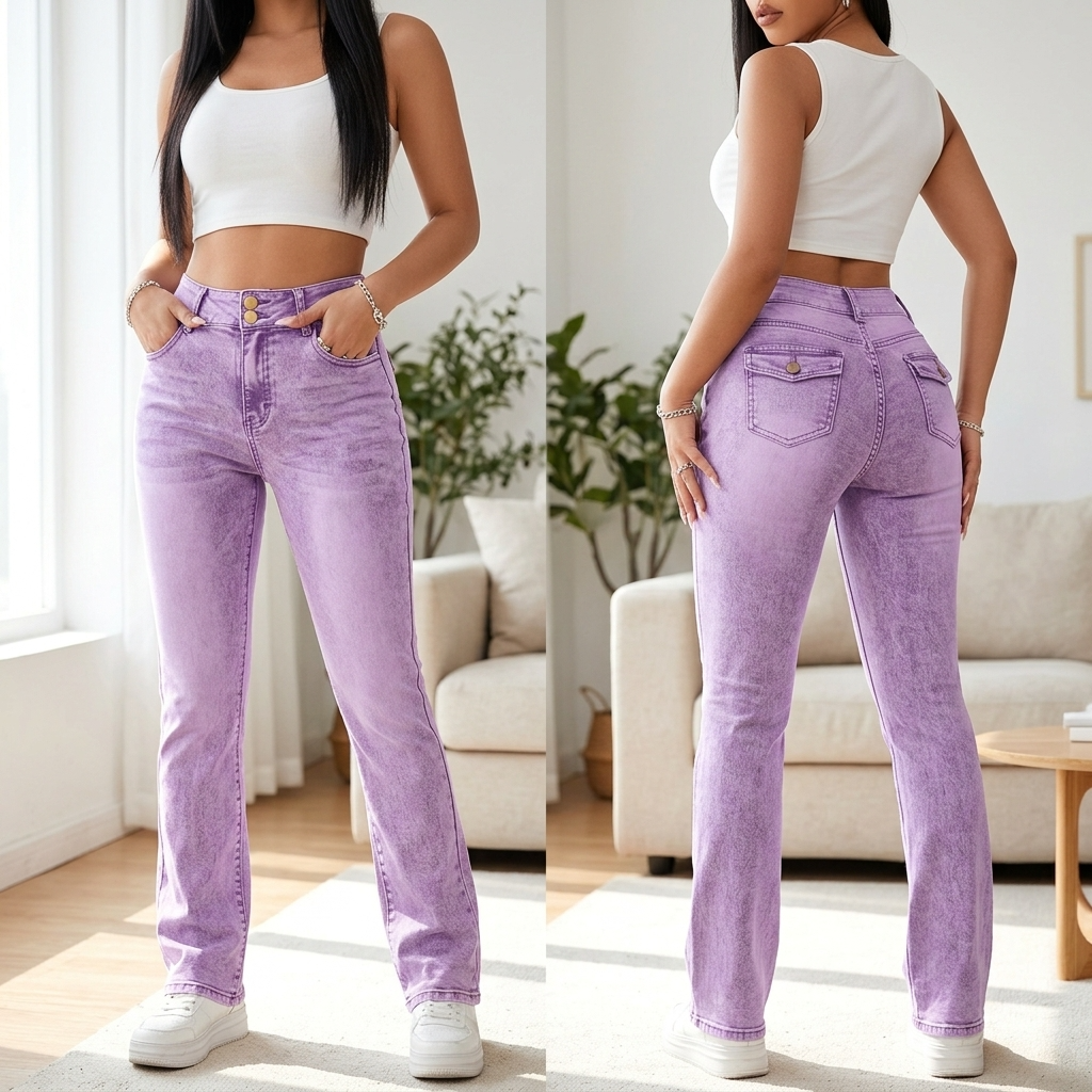 Women's High-Waist Bootcut Jeans – Stretch Denim in Pink &amp; Purple