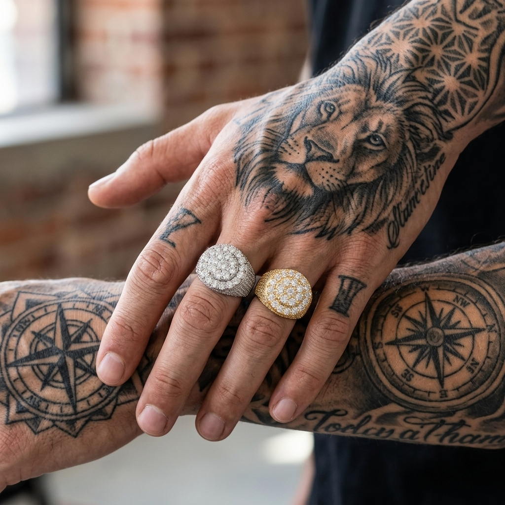 Men's Trendy Retro Flower Diamond Ring – Gold Plated Geometric Hip-Hop Statement Band