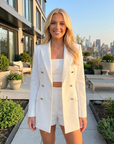 Damen Hosenträger Anzug Set – Elegantes 3-teiliges Outfit mit Blazer, Top & Shorts aus Stretch-Spandex für Büro, Pendler & schicke Freizeitkleidung