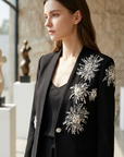 Women's V-Neck Rhinestone Blazer – Long Sleeve Embellished Jacket