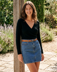 Damen-Jeans-Minirock mit hoher Taille – ausgestellter Minirock aus Baumwolle mit Blumenmuster, lässig