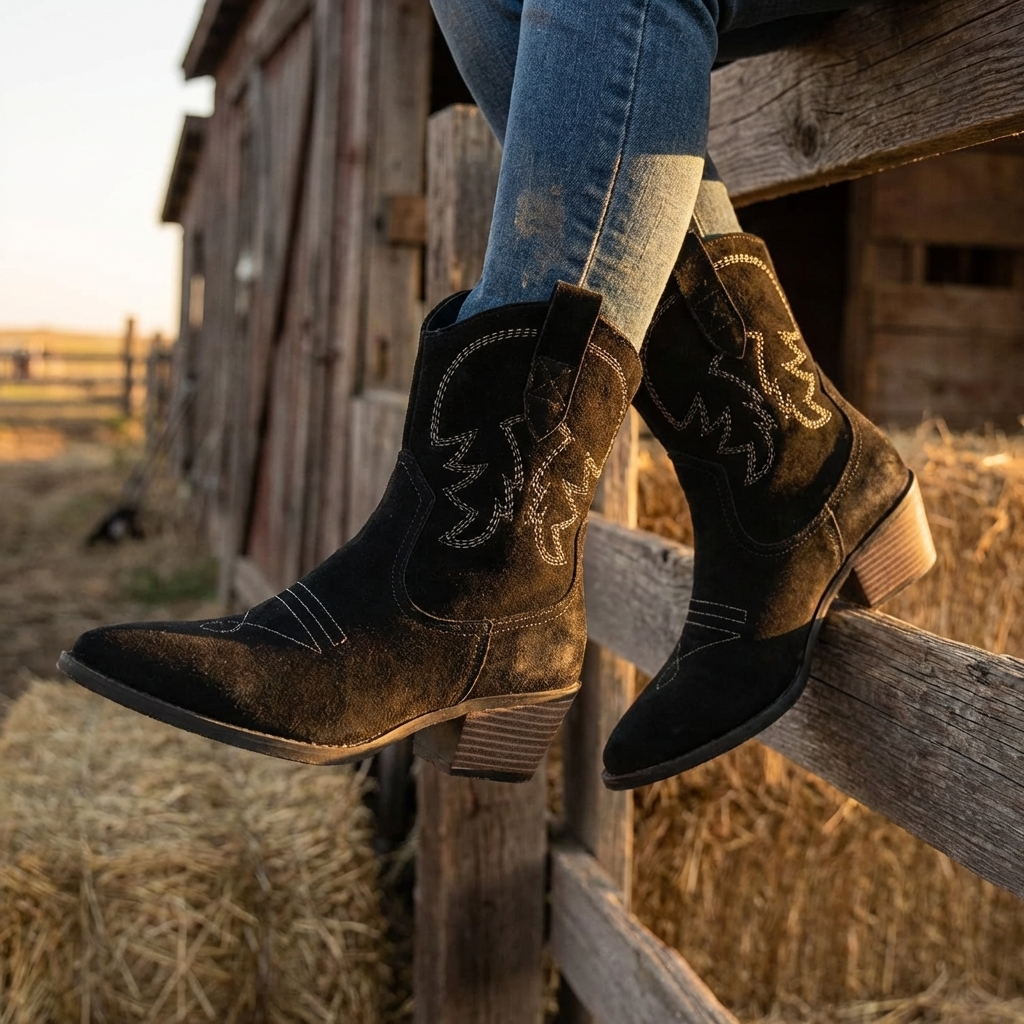 Women's Short Western Cowboy Boots – Suede Pointed Toe Thick Heel Slip-On