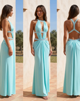Women's Patchwork Chiffon Maxi Dress – Deep V-Neck Spaghetti Strap