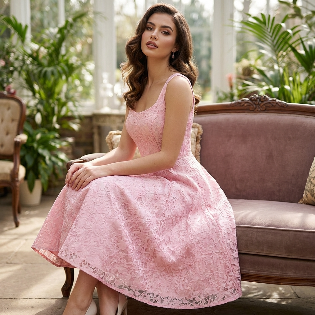 Women's Jacquard Slip Dress – A-Line Camisole High-Waist Mid-Length Formal Party Dress