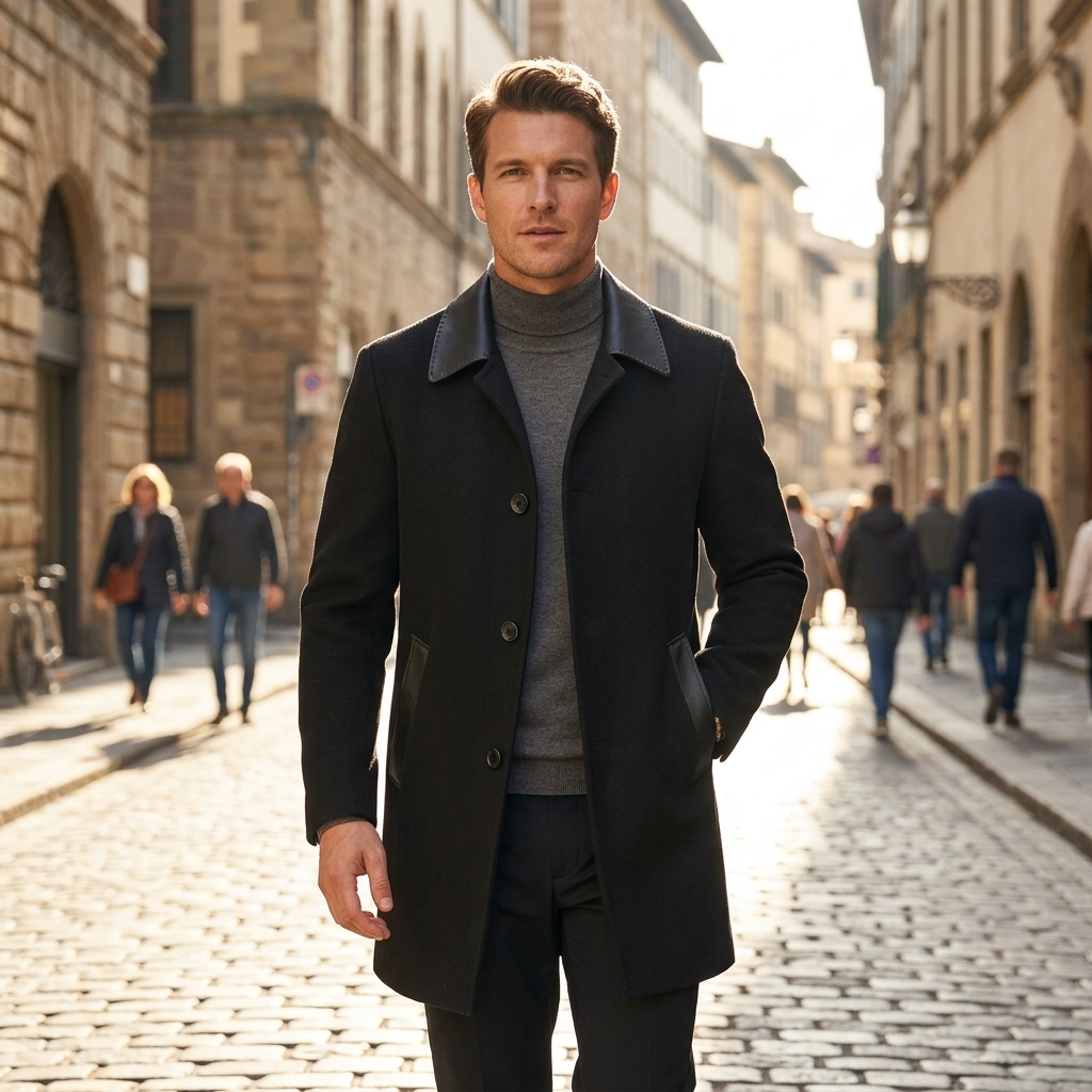 Men's  Wool Double-Faced Trench Coat - Single-Breasted Lapel Overcoat