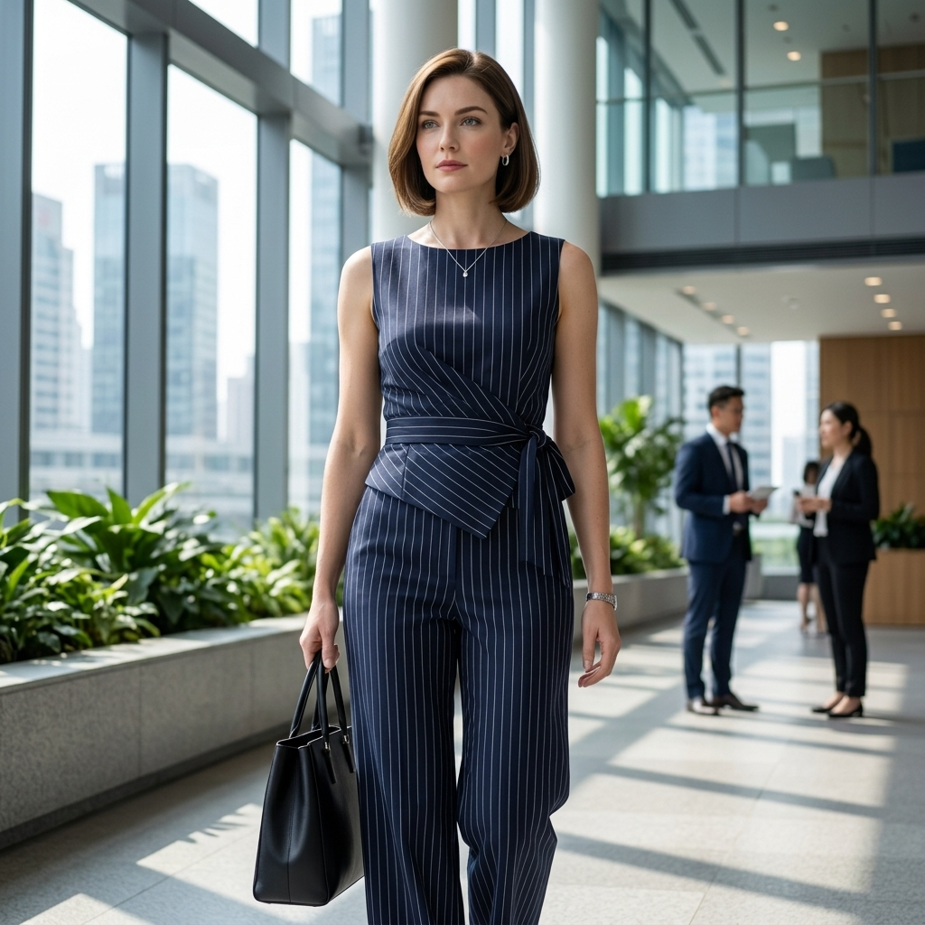 Women's Striped Sleeveless Asymmetrical Top &amp; Straight-Leg Pants Suit