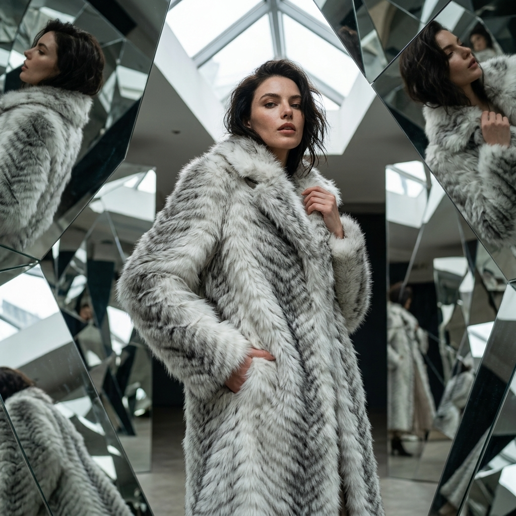 Women's Gradient Faux Mink Fur Coat - Long Herringbone Style