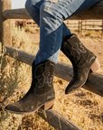 Women's Short Western Cowboy Boots – Suede Pointed Toe Thick Heel Slip-On