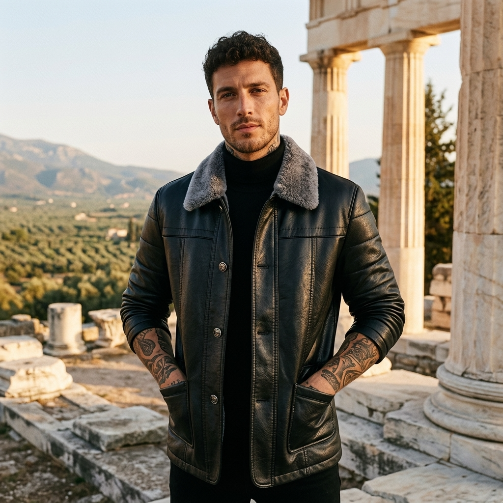 Manteau en cuir mi-long en véritable peau de mouton pour homme – Veste d'hiver doublée de fourrure avec col à revers et fermeture éclair