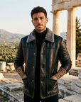Manteau en cuir mi-long en véritable peau de mouton pour homme – Veste d'hiver doublée de fourrure avec col à revers et fermeture éclair