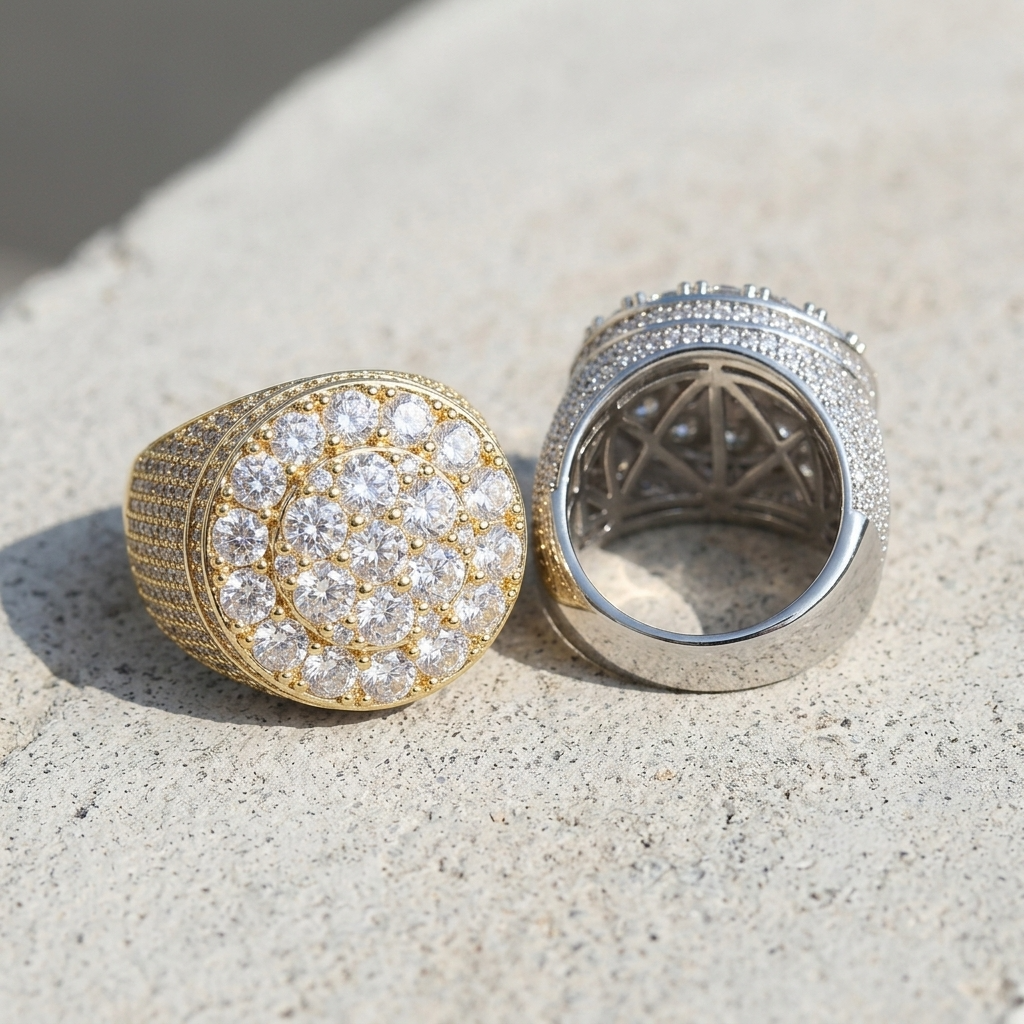 Men's Trendy Retro Flower Diamond Ring – Gold Plated Geometric Hip-Hop Statement Band