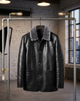 Manteau en cuir mi-long en véritable peau de mouton pour homme – Veste d'hiver doublée de fourrure avec col à revers et fermeture éclair