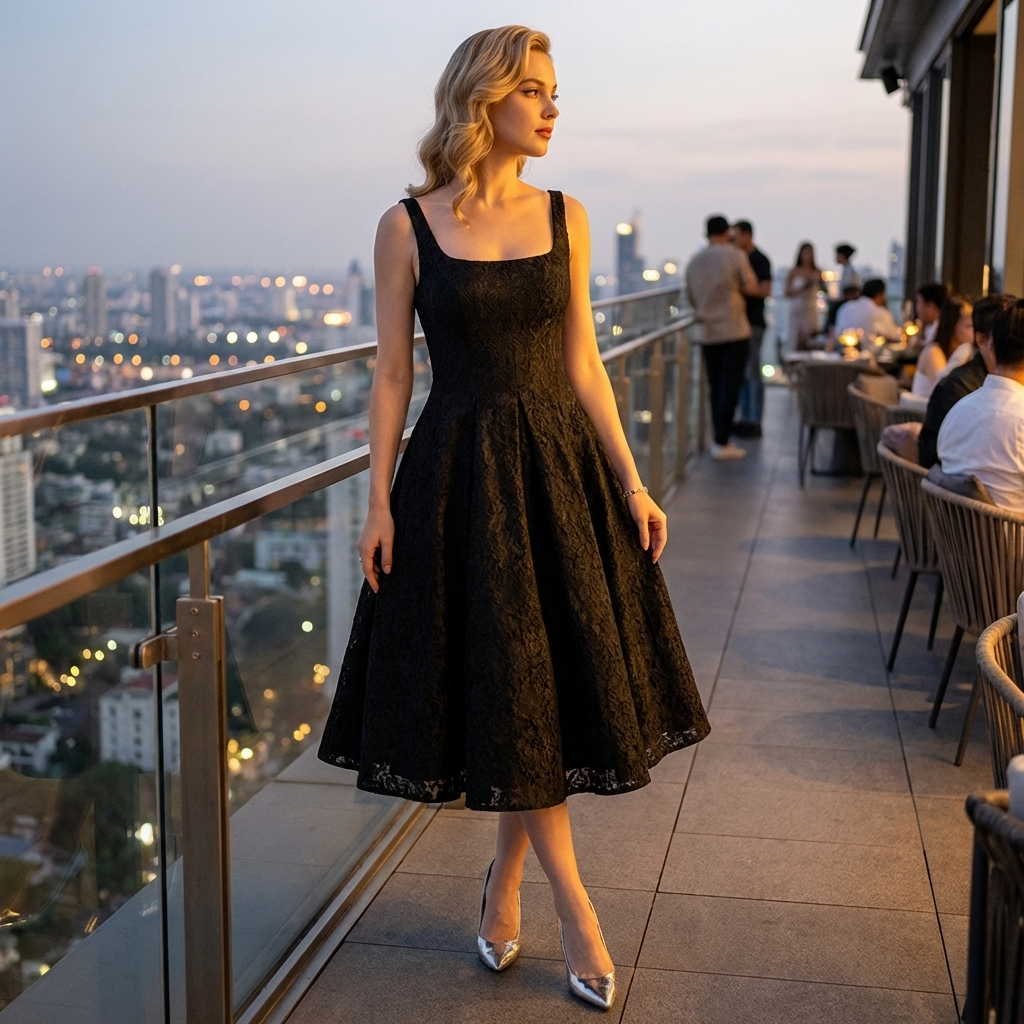 Women's Jacquard Slip Dress – A-Line Camisole High-Waist Mid-Length Formal Party Dress