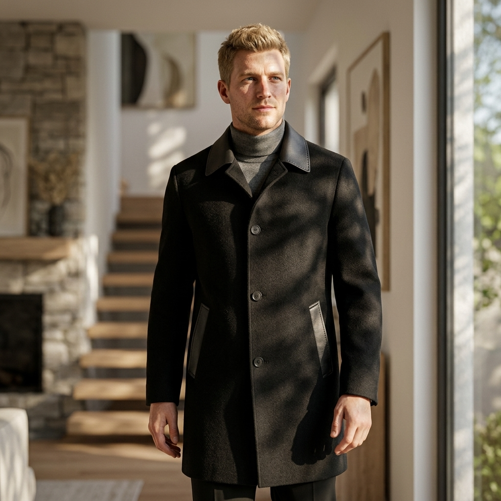 Men's  Wool Double-Faced Trench Coat - Single-Breasted Lapel Overcoat