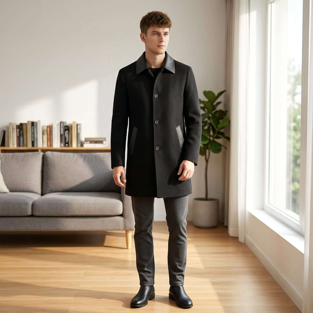 Men's  Wool Double-Faced Trench Coat - Single-Breasted Lapel Overcoat