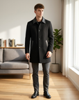 Men's  Wool Double-Faced Trench Coat - Single-Breasted Lapel Overcoat