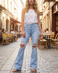 Women's Ripped High Waist Wide Leg Denim Trousers